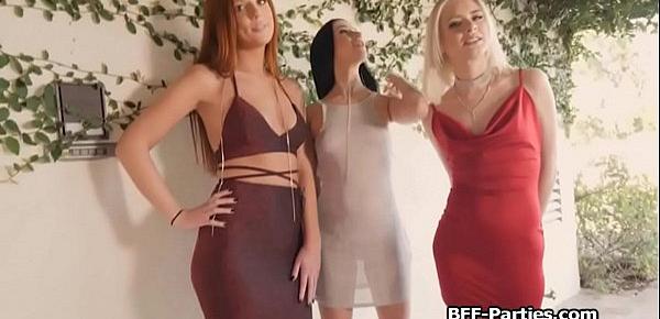  Girlfriends in tight slim dresses sharing cock in foursome